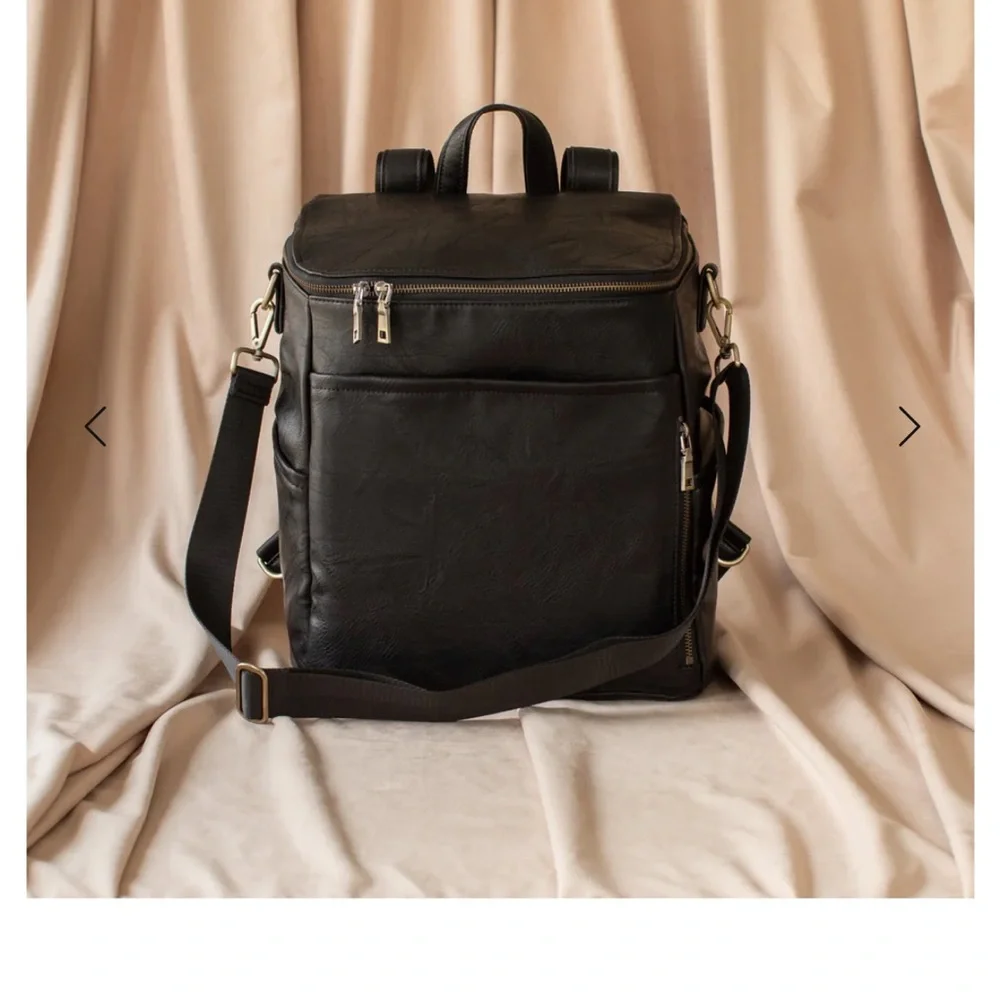 Vegan black leather diaper bag & leopard pouch